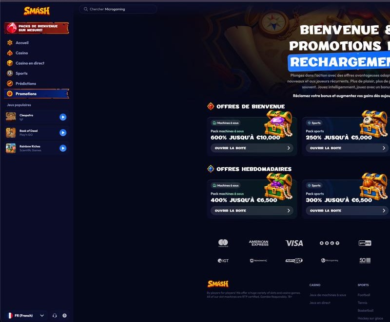 Promotions Smash Casino - Offres de bienvenue et bonus hebdomadaires