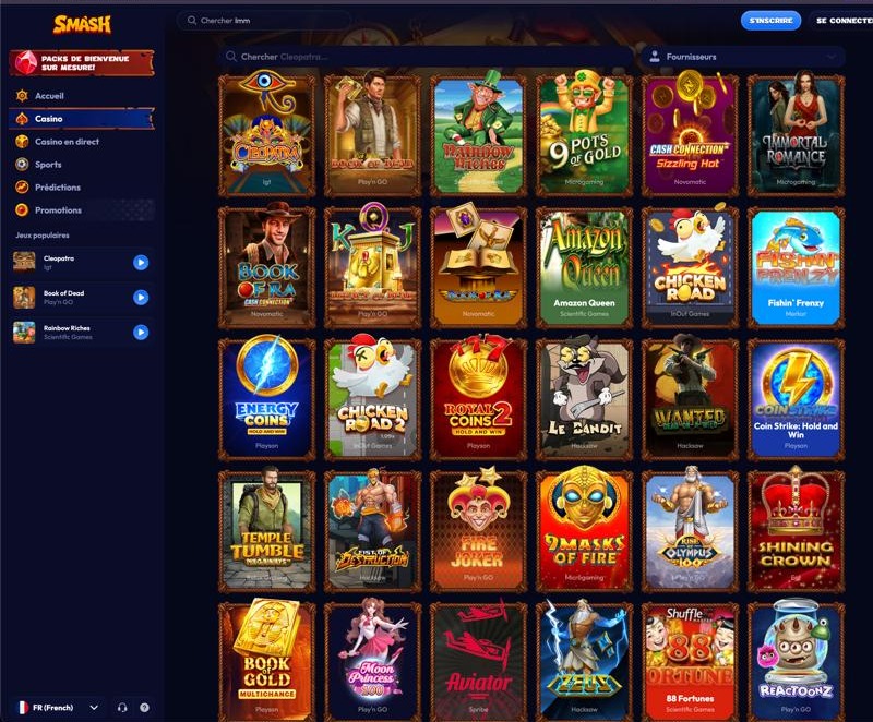 Catalogue jeux Smash Casino - Machines à sous populaires et casino en direct