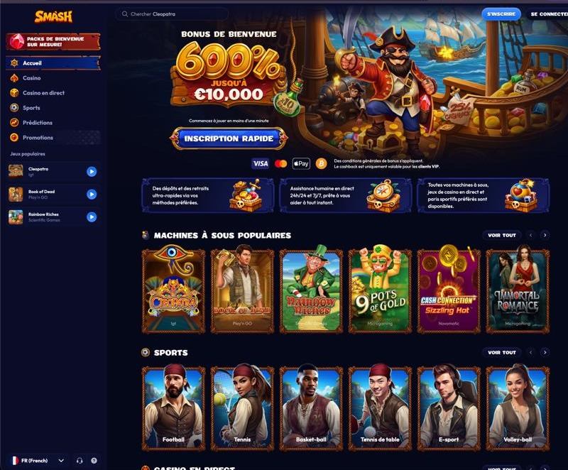 Smash Casino France - Page d'accueil avec bonus de bienvenue 600% jusqu'à 10 000 euros